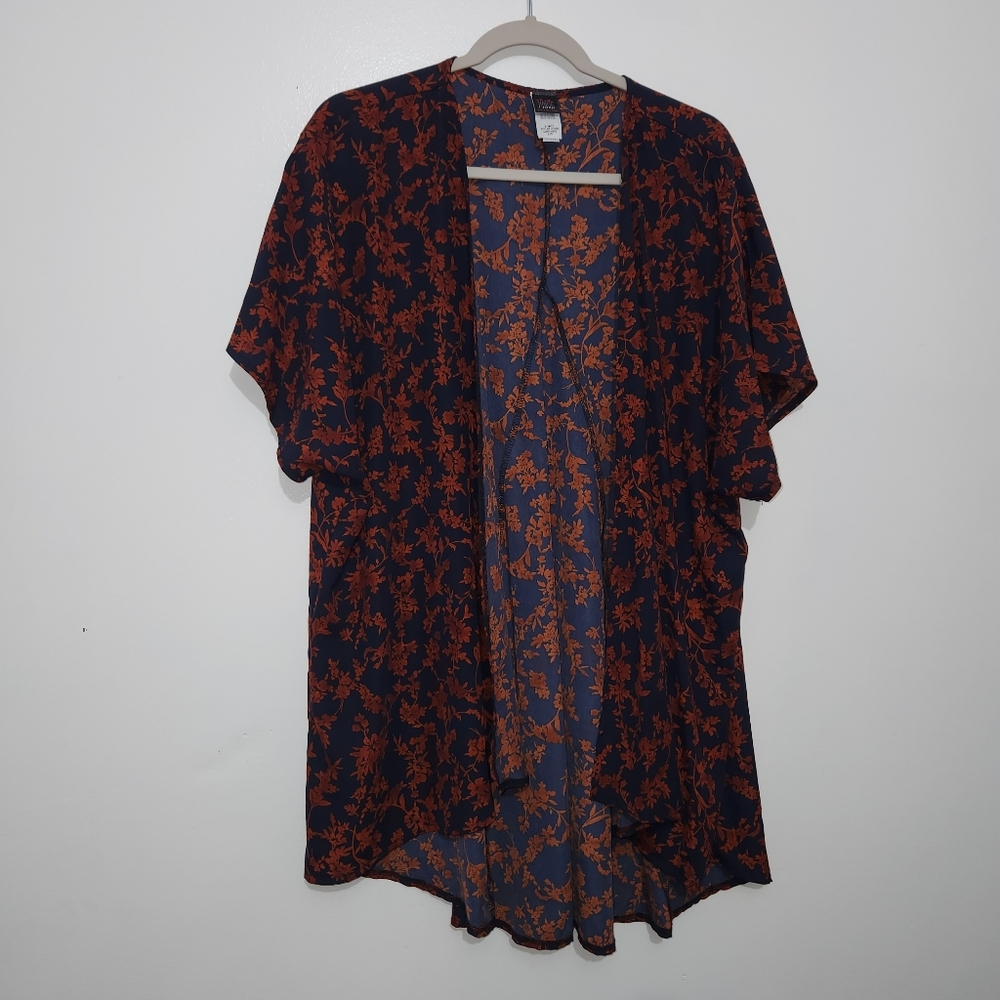 I Joah Floral Kimono Duster Cardigan Womens Large Navy Blue Brown Open Front Top
